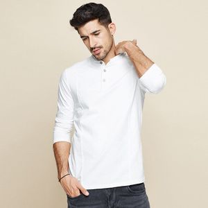 Kuegou Lente Katoen Knop Effen Wit T-shirt Mannen T-shirt T-shirt Lange Mouw T-shirt Mannelijke Kleding Plus maat 1306