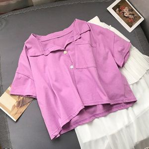 Parel Dagboek Vrouwen Knit Cropped Polo Shirts Vrouwelijke Knop Voor Korte Top Zomer Streetwear Casual Polo Pocket Plus Size Shirt