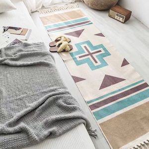 Retro Bohemian Hand Geweven Katoen Linnen Tapijt Kwastje Slaapkamerkleedje Geometrische Floor Mat Lange Tapijt Tapijten Woonkamer Thuis decor