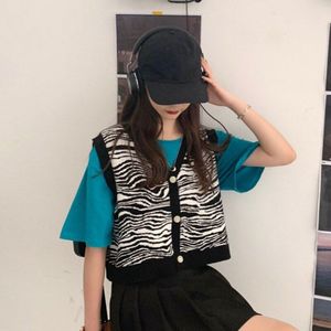Trui Vest Vrouwen Studenten V-hals Populaire Koreaanse Tieners Truien Mouwloze Harajuku Dames Kleding Cropped Zebra Print
