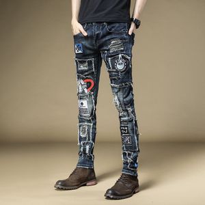 mannen mannelijke denim jeans Herfst geborduurd slanke voeten broek mode hip-hop rock tij casual broek 73% katoen