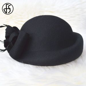 FS Vintage Red Wool Fedora Hat Beret Caps For Women Feather Hats Ladies Autumn Winter Black Pillbox Hat Chapeau Femme