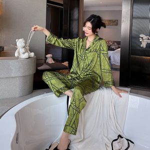 QSROCIO Vrouwen Pyjama Set Luxe Stijl Olijf En Riemen Print Nachtkleding Zijde Als Homewear V-hals Nachtkleding vrouwelijke