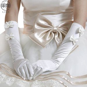 Mode Lange Bruiloft Handschoenen Voor Bruid Met Strik Meubi Sposa Satijn Gants Dentelle Mariage Vinger Bruiloft Accessoires CK212