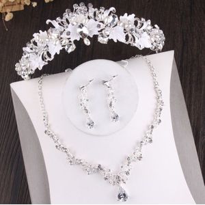 Baroque Vintage Gold Crystal Leaf Pearl Costume Jewelry Sets Rhinestone Choker Necklace Earrings Tiara Crown Wedding Jewelry Set