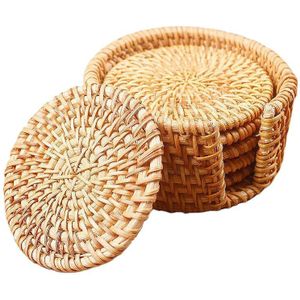 6Pcs Geweven Rotan Onderzetters Placemats Handgemaakte Warmte-isolerende Koffie Drinken Cup Placemats Met Opslag Houder Voor Home Decor