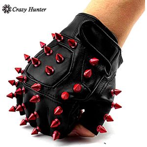 Rode Metalen Spike Bezaaid Lederen Vingerloze Handschoenen Cosplay Biker Rock