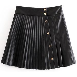 Hadara Pu Lederen Rokken Vrouwen Mode Knoppen Hoge Taille Rok Vrouwen Elegante Zwarte Geplooide Mini Rokken Vrouwelijke Dames Hv