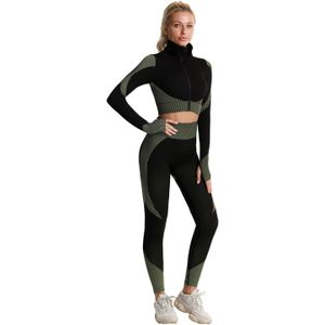 2 ST Lange Mouw Gym Cropped Top Naadloze Leggings Yoga Set Workout Kleding Vrouwen Sport Pak Fitness Set Sportbeha Sportkleding