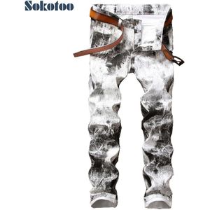 Sokotoo Mannen Mode Inkt Geschilderd Wit Print Broek Slim Stretch Denim Jeans