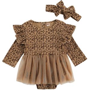 Pasgeboren Baby Baby Meisjes Mode Bodysuit Kids Lange Mouwen Luipaarden Print + Lace Mini Rok Decor Een Stuk Jumpsuit Herfst