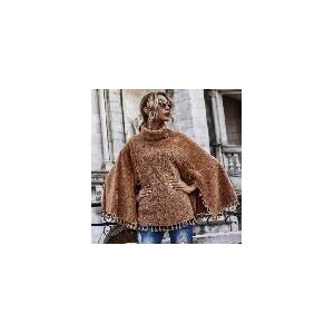 Vrouwen Winter Cape Trui Effen Kleur Mantel Mouw Hoge Kraag Losse Warme Sjaal Poncho Met Fringe Hem Dames Dagelijks dragen