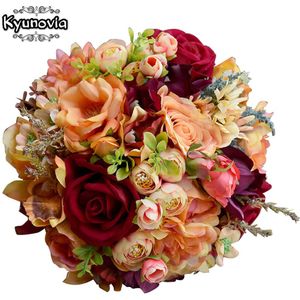 Kyunovia Zijde Bruiloft Bloem Dahlia Boeket Wilde Bloemen Bruidsmeisje Boeketten Rozen Oranje Accenten 3 Stks SET Bruidsboeket FE82