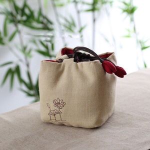 Wizamony Theepot Jadeware Opbergzakken Dikker Draw Cord Handgemaakte Handtekening Katoen Lotus Tas Hop-Pocket Doek Bag