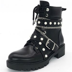 Doratasia Mode Vrouwelijke Chunky Hakken Enkellaarsjes Chain Gesp Parel Motorlaarzen Vrouwen Party Punk Straat Schoenen Vrouw