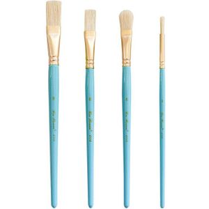 Sky blue houten staaf varken haren olie borstel vergulde aluminium buis 4 pcs gemengde hoofd hard haar borstel set penselen art