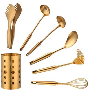 1/7Pc Rvs Keukengerei Eetstokjes Buis Soeplepel Vergiet Set Goud Koken Tool Set Ei Stirrer keukengerei Set