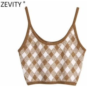 Zevity Vrouwen Vintage Geometrische Print Breien Sling Trui Vrouwelijke Basic Spaghetti Bandje Korte Vest Chic Crop Tops S456