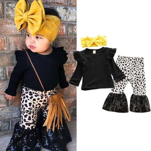 Herfst Herfst 3 Stuks Peuter Kids Baby Meisje Zwarte Kleren Ruche Tops Flared Sequin Broek Lente Set Outfits