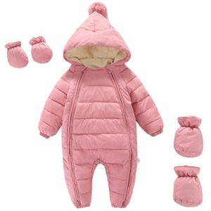 Winter Baby Meisjes Jongens Snowsuit Baby Warm Rits One-Stukken Pompom Hooded Footies + Handschoenen + Schoenen 0-24M