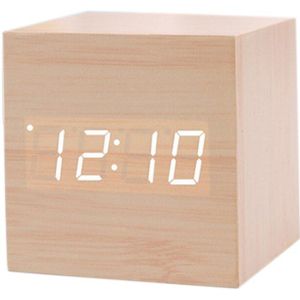 Vierkante Desktop Tafel Digitale Thermometer Klok Cube Led Hout Wekker Geluid Controle