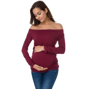 Vrouwen Moederschap Tops Off Shoulder Lange Mouwen Klassieke Side Ruches Elegante T-Shirt Zwangerschap Shirred Comfy Herfst Winter Kleding