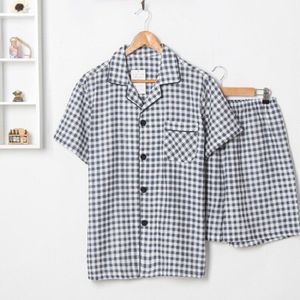 Katoen dubbele gaas plaid mannen thuis kleding zomer korte mouw nachtkleding zwart wit plaid pijamas korte mouw tops shorts