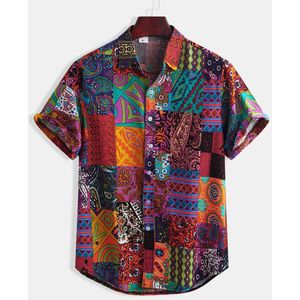 Plus Size Shirts Mannen Katoen Linnen Gedrukt Korte Mouwen Ongedwongen Turn-Down Kraag Shirts Tie Zomer Tops kleding