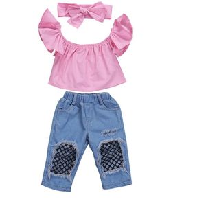 Mode Peuter Kinderen Meisje Kleding Zomer Off Shoulder Roze T-shirt Tops + Gat Netto Jean Denim Broek Hoofdband 3Pcs Outfits