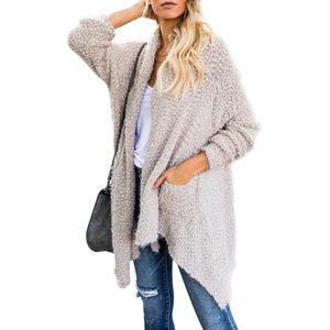 Lange Mouwen Effen Losse Casual Zachte Gebreide Vrouwen Vest Fuzzy Onregelmatige Hem Hals Pocket Herfst Winter Open Voorzijde