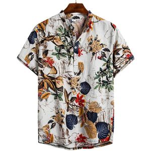 Zomer Man Shirt Heren Etnische Gedrukt Stand Kraag Katoen Linnen Streep Korte Mouwen Losse Hawaiian Henley Shirt Рубашка # Gh