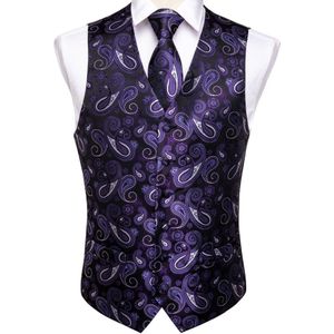 DiBanGu mannen Paars Zwart Paisley Vest Vest Pocket Vierkante Stropdas Manchetknopen Hanky Pak Set Pocket Vierkante Set MJ-105