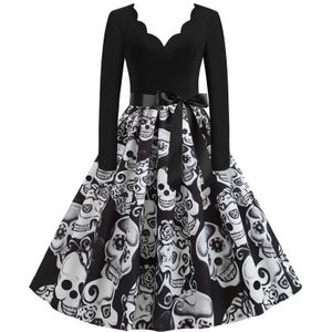 Vrouwen Vintage Lange Mouwen Schedel Halloween Carnaval Candy Party Black Dress Casual Vampire Cosplay Jurk Horrible Heks Doek