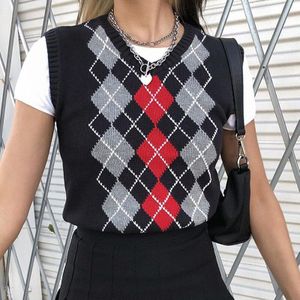 Argyle Vintage Y2K V-hals Gebreide Vest Mouwloos Herfst Plaid Trui Vrouwen Zwarte Tank Jumpers Vrouwelijke Streetwear