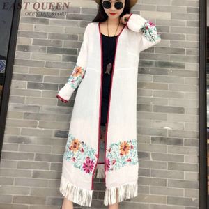 Plus Size Borduurwerk Katoen Linnen Kimono Vrouwen Kwasten Kimono Lady &#39;S Chinese Stijl Kimono Maxi Shirts Lange Tops FF706