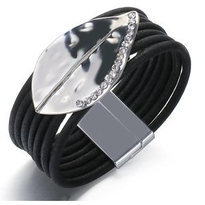 Allyes Zwart Rhinestone Leaf Charm Lederen Armbanden Unisex Multilayer Eenvoudige Wrap Armband Party Club Jewelry
