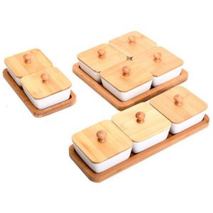 Keramische Bamboe Opbergvak Met Deksel Droog Fruit Dessert Japanse Removable Multi Rooster Plaat Snoep Gedroogd Snack Dessert Lade