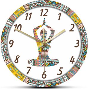 Yoga Vrouw Met Etnische Decoratief Patroon Stille Beweging Wandklok Mandala Meditatie Sport Grote Acryl Muur Opknoping Horloge