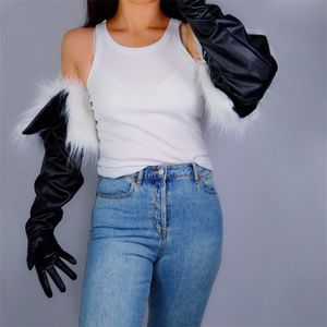 Latex Lange Handschoenen Unisex Black Faux Leather 85 Cm Breed Ballon Pofmouwen Grote Vrouwen Lederen Handschoenen PU235