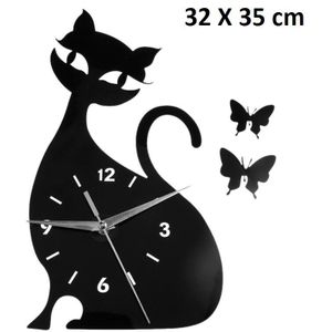 Acryl Spiegel Leuke Kat Klok Zwarte Wandklok Sticker Modern Home Art Decor Horloge zelfklevende Kerstcadeau