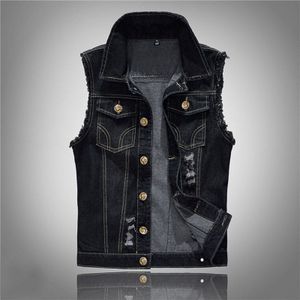 Mannen Hoogwaardige Denim Vest Mannelijke Zwarte Mouwloze Katoen 80S Jassen Gat Mode Jeans Vintage Vest 6XL