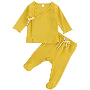 Pasgeboren Baby 'S Tweedelige Nachtkleding Herfst Pak Lange Mouwen Lace-Up Vest Top Met Gewikkeld Voet Lange Broek nachtkleding