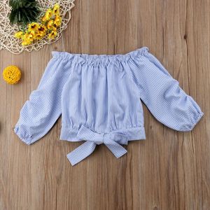 Peuter Baby Kids Meisje Blauw & Wit Gestreepte Lange Mouwen Tops Off Shoulder T-shirt