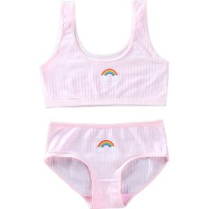 C9GB Teenage Young Girls 2Pcs Underwear Set Rainbow Bridge Print Cotton Training Bra Vest Top and Panties Sports Bralette