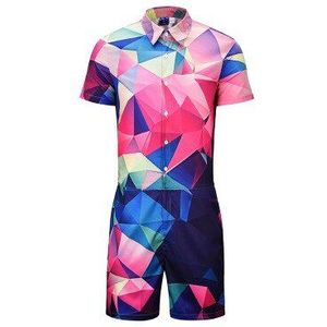 Kleurrijke gradient Print 3D mannen Rompertjes Korte mouw Grappige Jumpsuit Speelpakje Harem Cargo Overalls Zomer Een Stuk