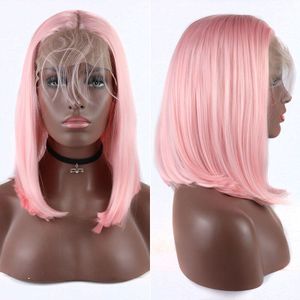 Bombshell Korte Rechte Bob Roze Synthetisch Haar Lace Front Pruiken Hittebestendige Vezel Met Baby Haar Middenscheiding Voor Vrouwen