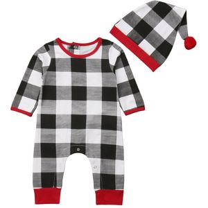 Brand Xmas Baby Baby Jongen Meisje Check Romper Jumpsuit Hoed Kleding Outfits Maat 0-24 m