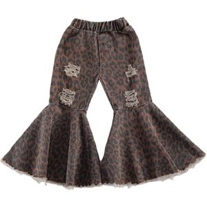 1-6Y Peuter Baby Meisjes Flare Jeans Stijlvolle Leopard Gedrukt Bell Bottoms Broek Denim Gelaagde Leggings Broek Vallen Kleren