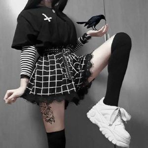 Punk Gothic Vrouwen Shorts Zwart Wit Plaid Shorts Harajuku Shorts Hoge Taille Kant Trim Chic Lace Streatwear Lolita Shorts Womens