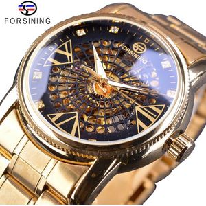 Forsining Royal Golden Skeleton Diamond Display Mannen Transparante Creatieve Horloge Top Brand Luxe Steel Automatische Horloge Klok